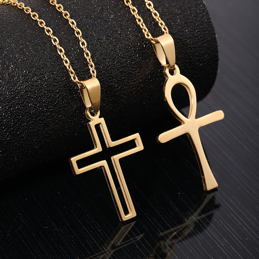 Gold stainless steel cross necklace and ankh pendant on elegant chain for stylish accessorizing