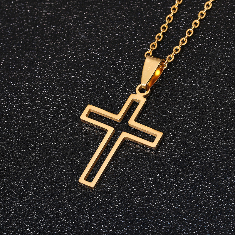 Golden stainless steel cross necklace with a minimalist design and an elegant chain