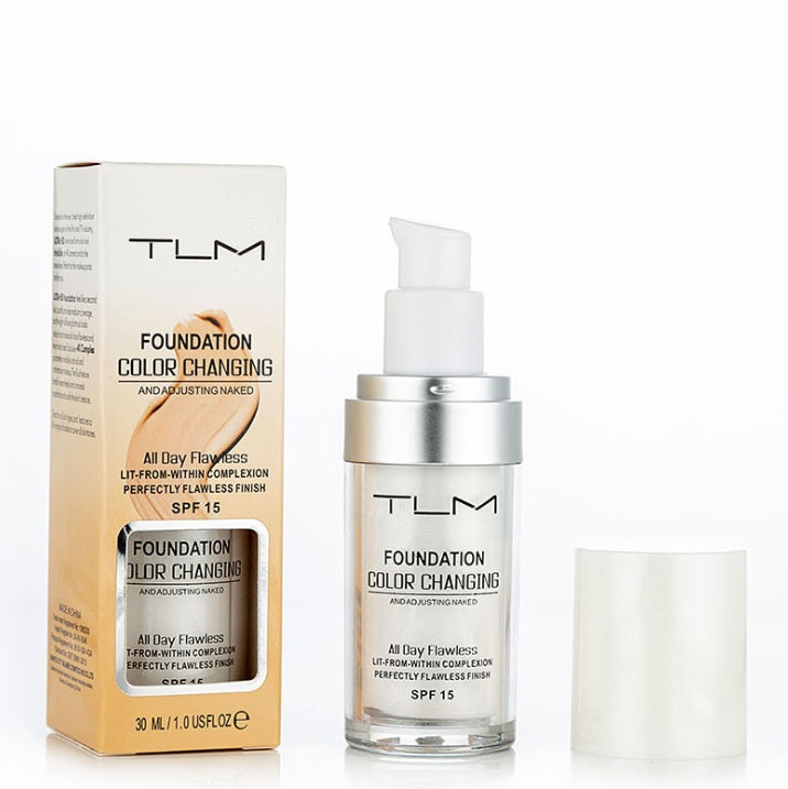 TLM Foundation color changing in a sleek bottle with pump, offering all-day flawless finish and SPF 15