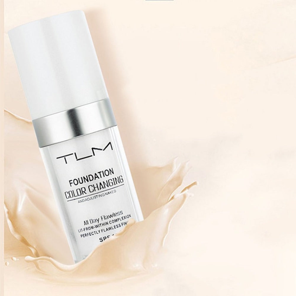 TLM Foundation color changing in a sleek bottle offering flawless coverage for diverse skin tones