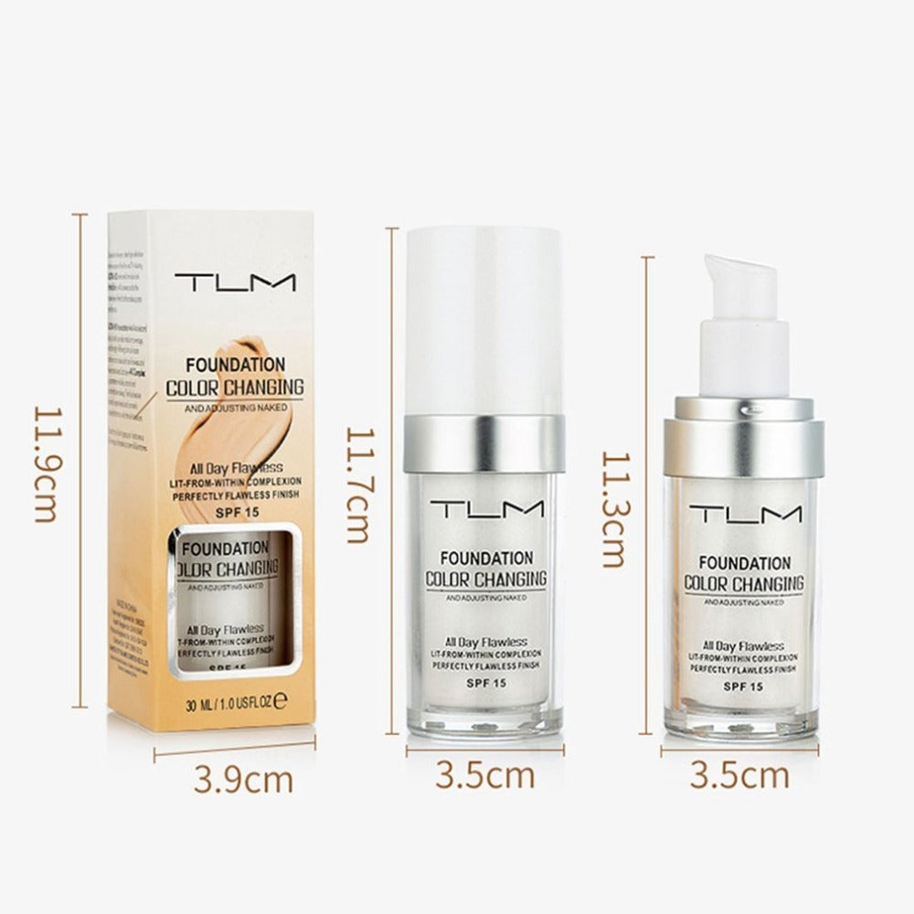 TLM Foundation color changing in a sleek bottle with SPF 15 for all-day flawless coverage