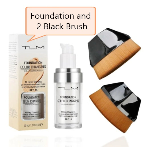 TLM Foundation color changing with two black brushes for seamless makeup application