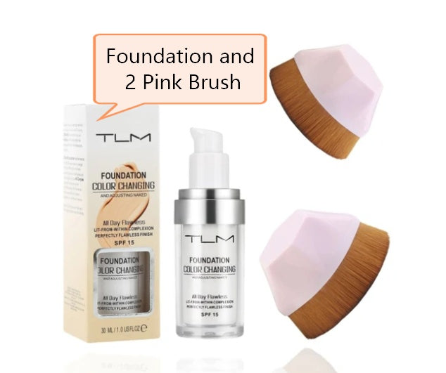 TLM Foundation color changing with two pink blending brushes for a flawless finish