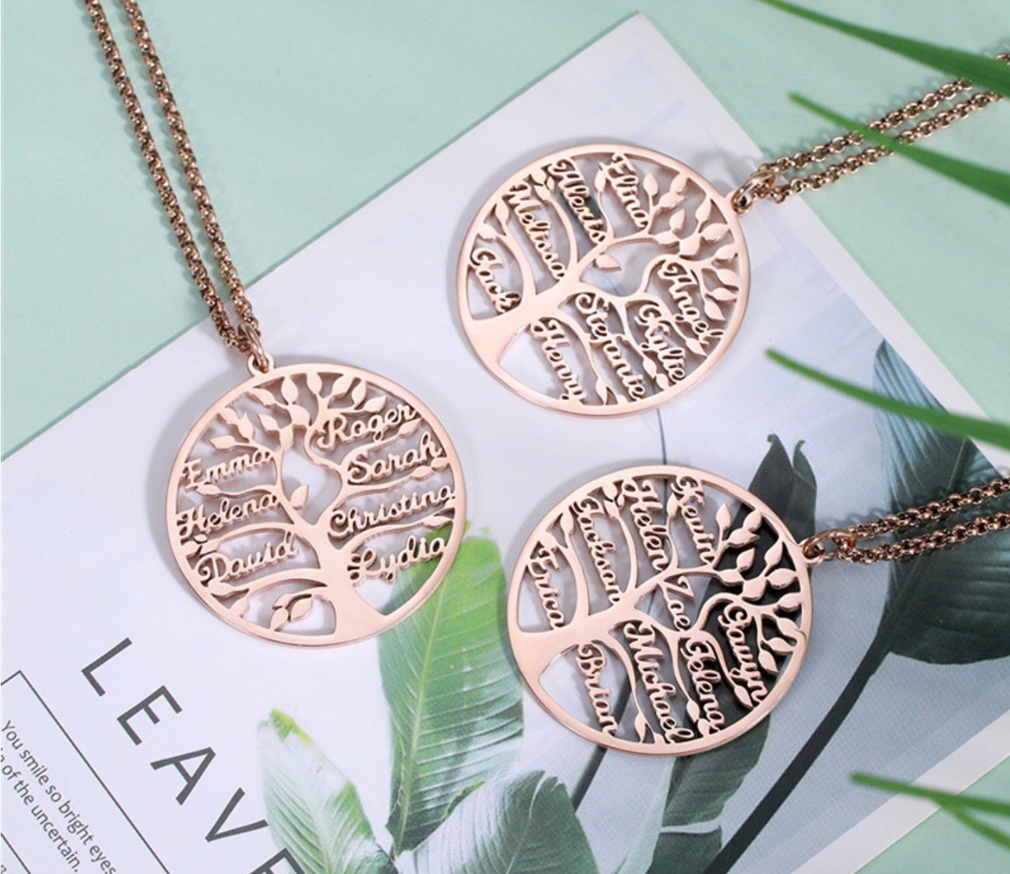 Tree of life personalized jewelry featuring custom names on elegant pendants