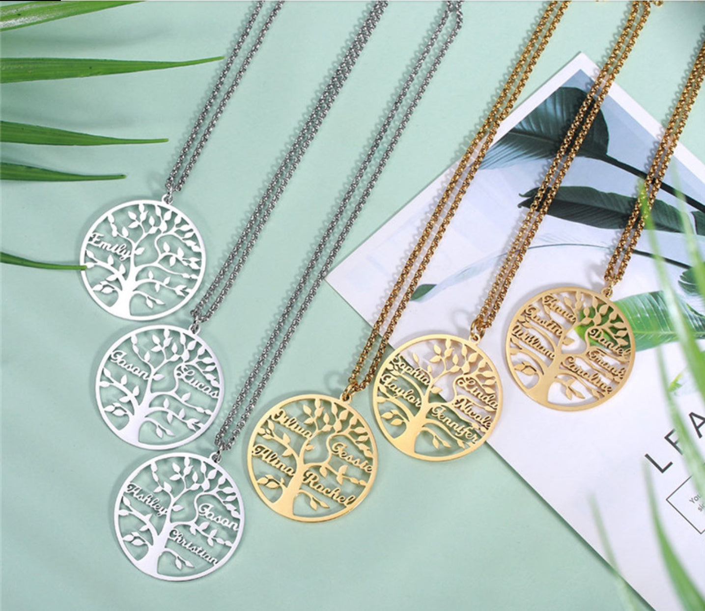 Tree of life personalized jewelry in silver and gold with custom name engravings on delicate chains