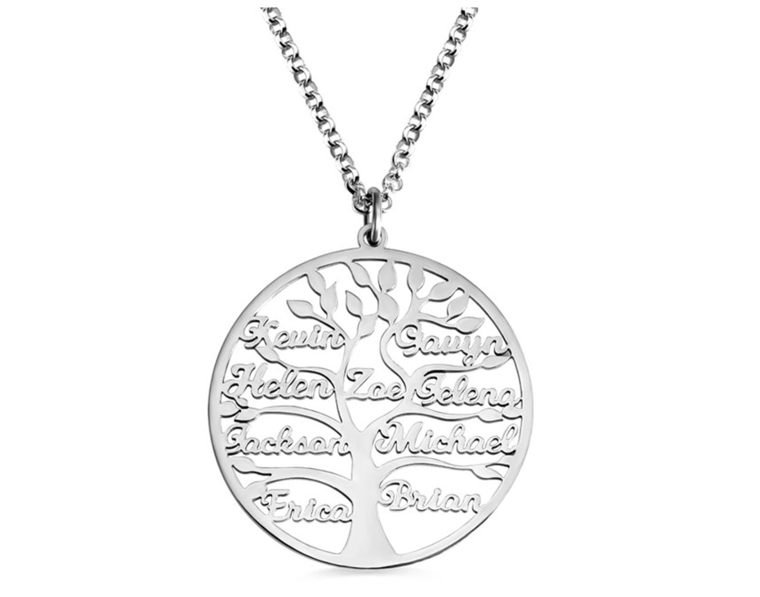 Tree of life personalized jewelry pendant with custom names engraved on a silver necklace