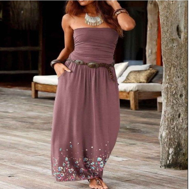 Stylish tube long women dress in mauve with floral design and side pockets for summer outings