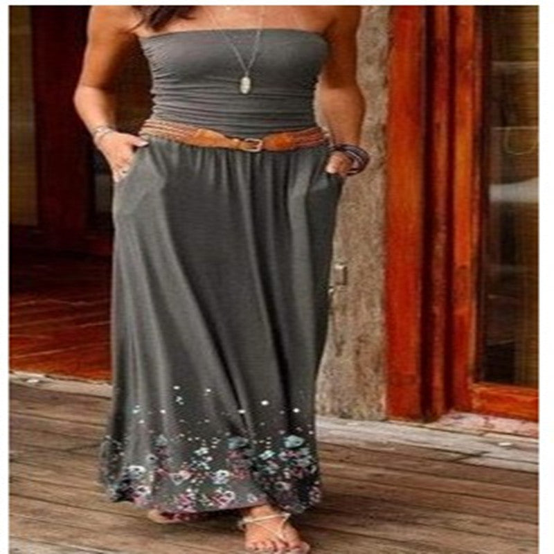 Stylish tube long women dress in gray with floral print and pockets, perfect for casual summer outings