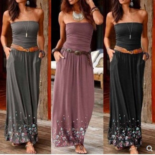 Stylish tube long women dress in three colors featuring pockets and floral design at the hem