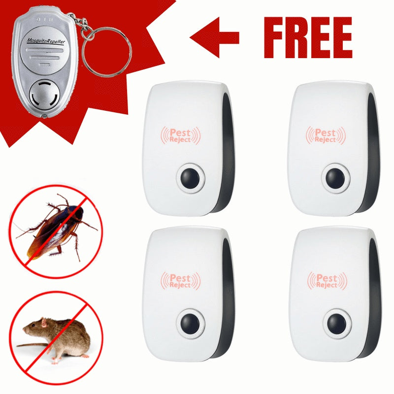 Ultrasonic pest repeller plug set with four devices and a keychain remote for effective pest control