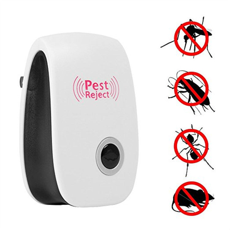 Ultrasonic pest repeller plug with pest rejection icons to deter insects and rodents
