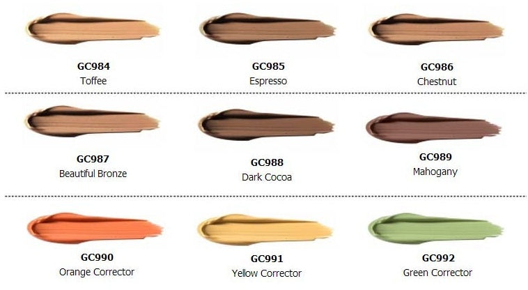 Range of cream shades for the best concealer foundation including Toffee, Espresso, and Mahogany