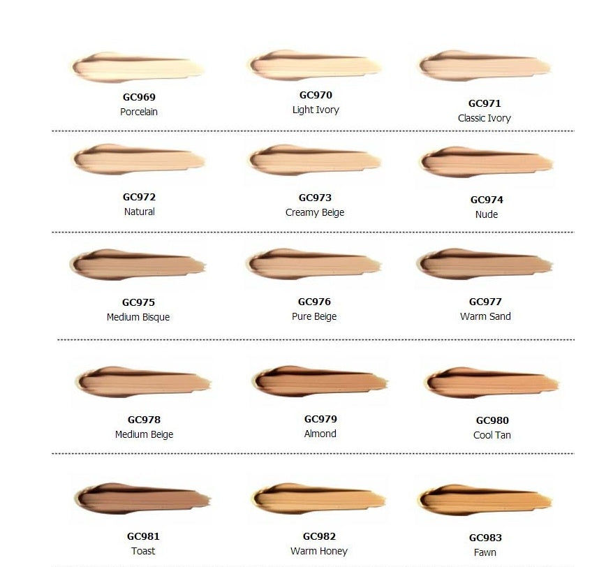 Swatches of best concealer foundation shades from youbuyforme including Porcelain, Light Ivory, and more