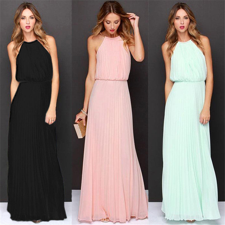 Women Fashion Pleated Maxi Dresses in Black, Pink, and Mint for Elegant Summer Wear