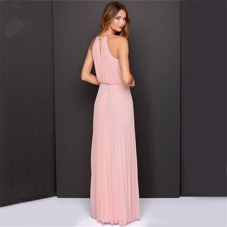 Elegant Women's Long Pink Dress by YouBuyForMe with Pleated Design for Formal Events
