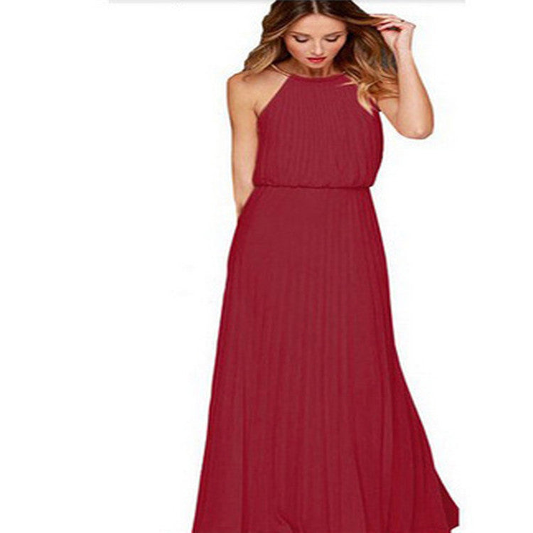 Youbuyforme Women's Red Pleated Maxi Dress with Halter Neck for Elegant Fashion Styles