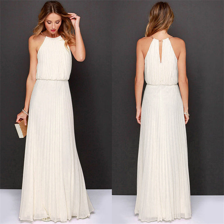 Elegant white pleated maxi dress for women with halter neck design by Youbuyforme