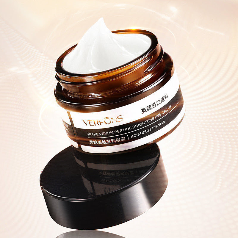 Firming eye cream in a brown jar, featuring snake venom peptide for brightening and moisturizing effects