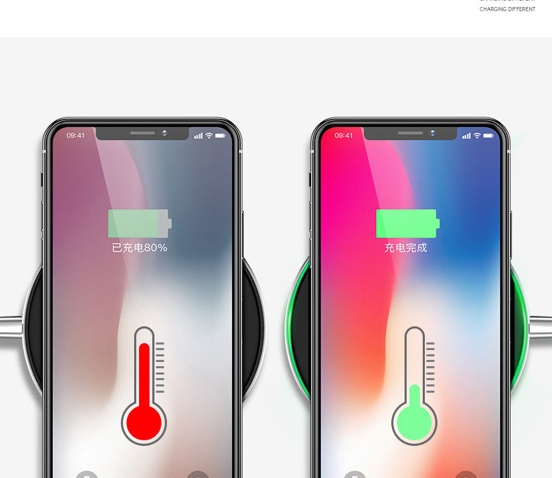 Wireless fast charge pad charging two smartphones with different battery levels and indicators