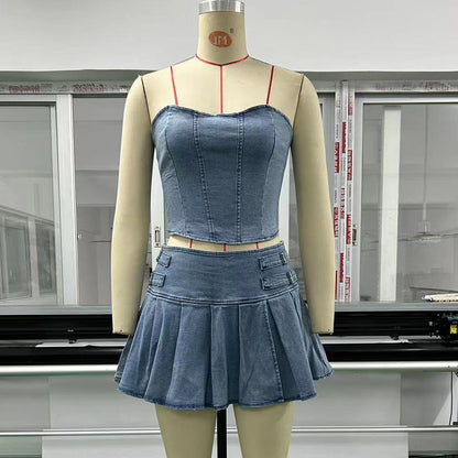 Women's Tube Top Denim Sleeveless Mid-bedroom High Waist Skirt Suit