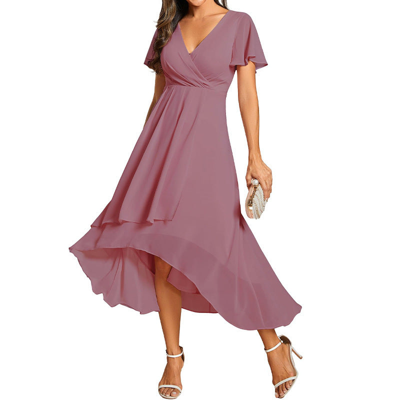 Women's Solid Color And V-neck Ruffled Short Sleeves Chiffon Dress