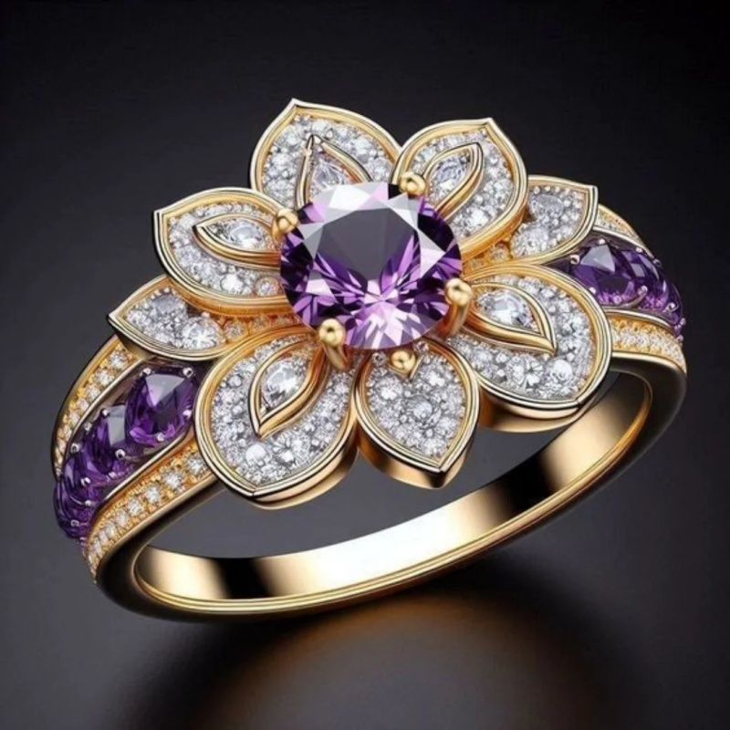 18K Gold plated Amethyst Lotus Flower Ring