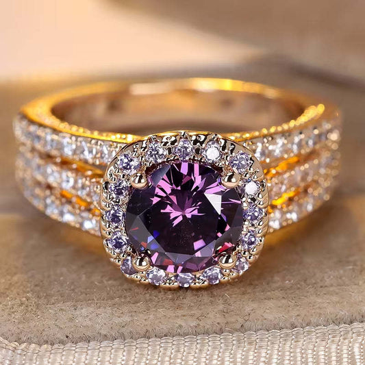 Rose Gold Round-cast Amethyst Luxury Full-diamond Ring