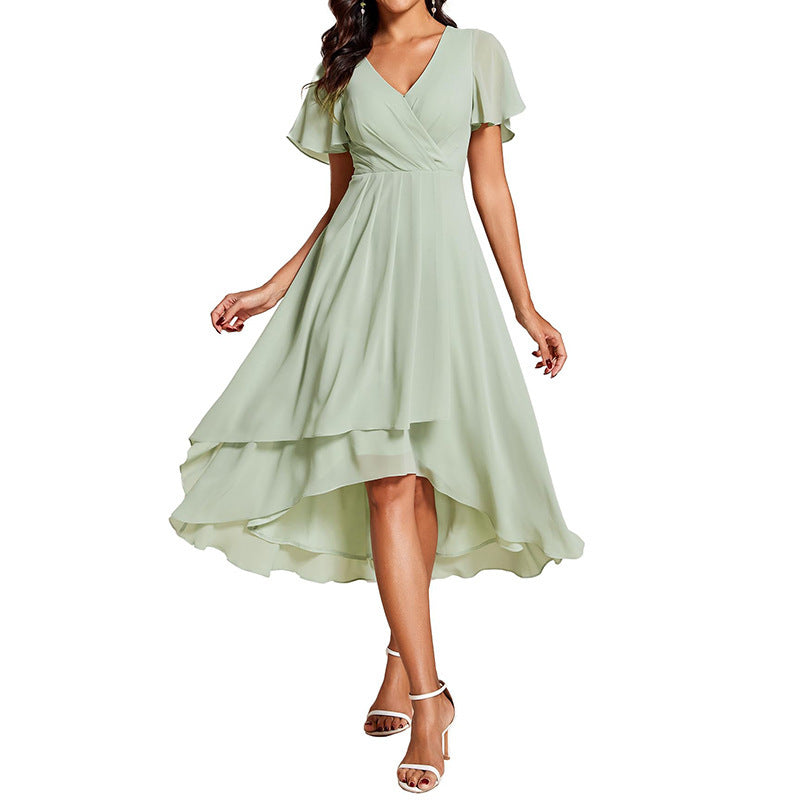 Women's Solid Color And V-neck Ruffled Short Sleeves Chiffon Dress