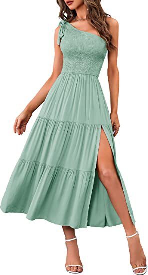 New Summer Fashion Women's One-shoulder Pleated Layered Hem Split Dress