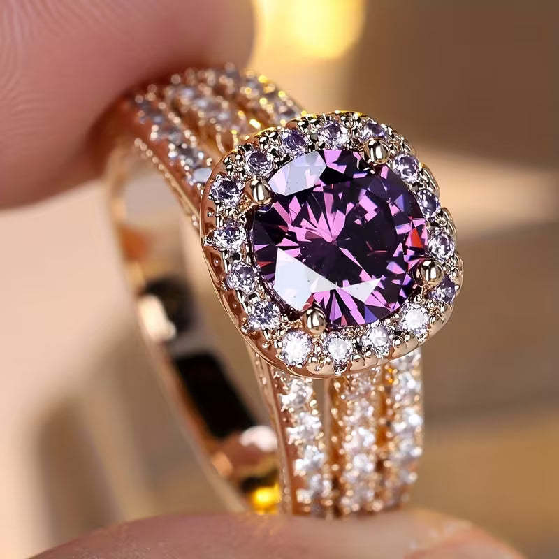 Rose Gold Round-cast Amethyst Luxury Full-diamond Ring