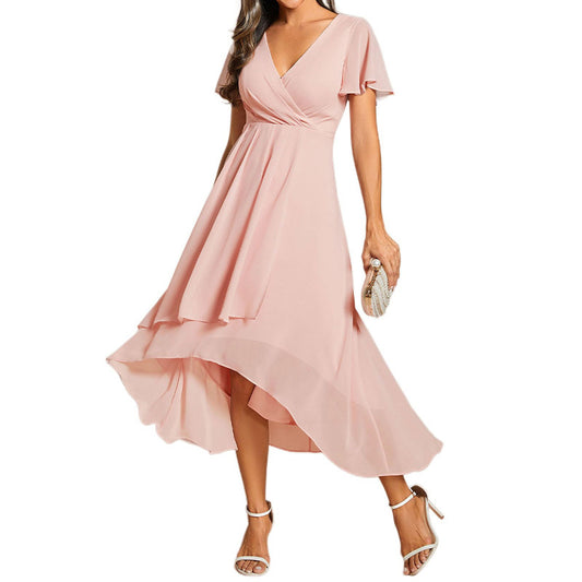 Women's Solid Color And V-neck Ruffled Short Sleeves Chiffon Dress