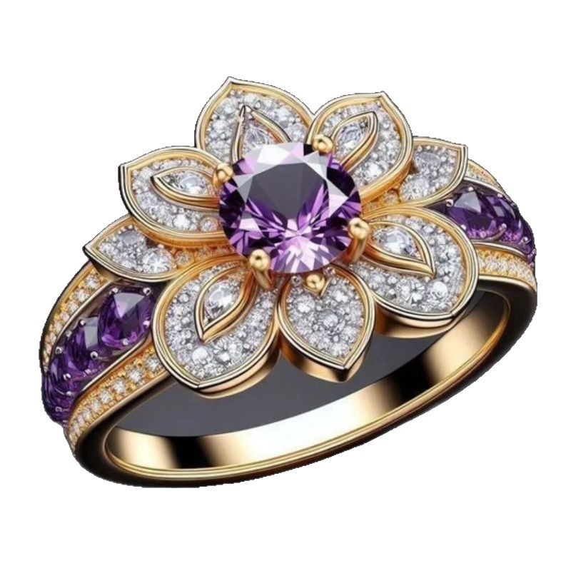 18K Gold plated Amethyst Lotus Flower Ring