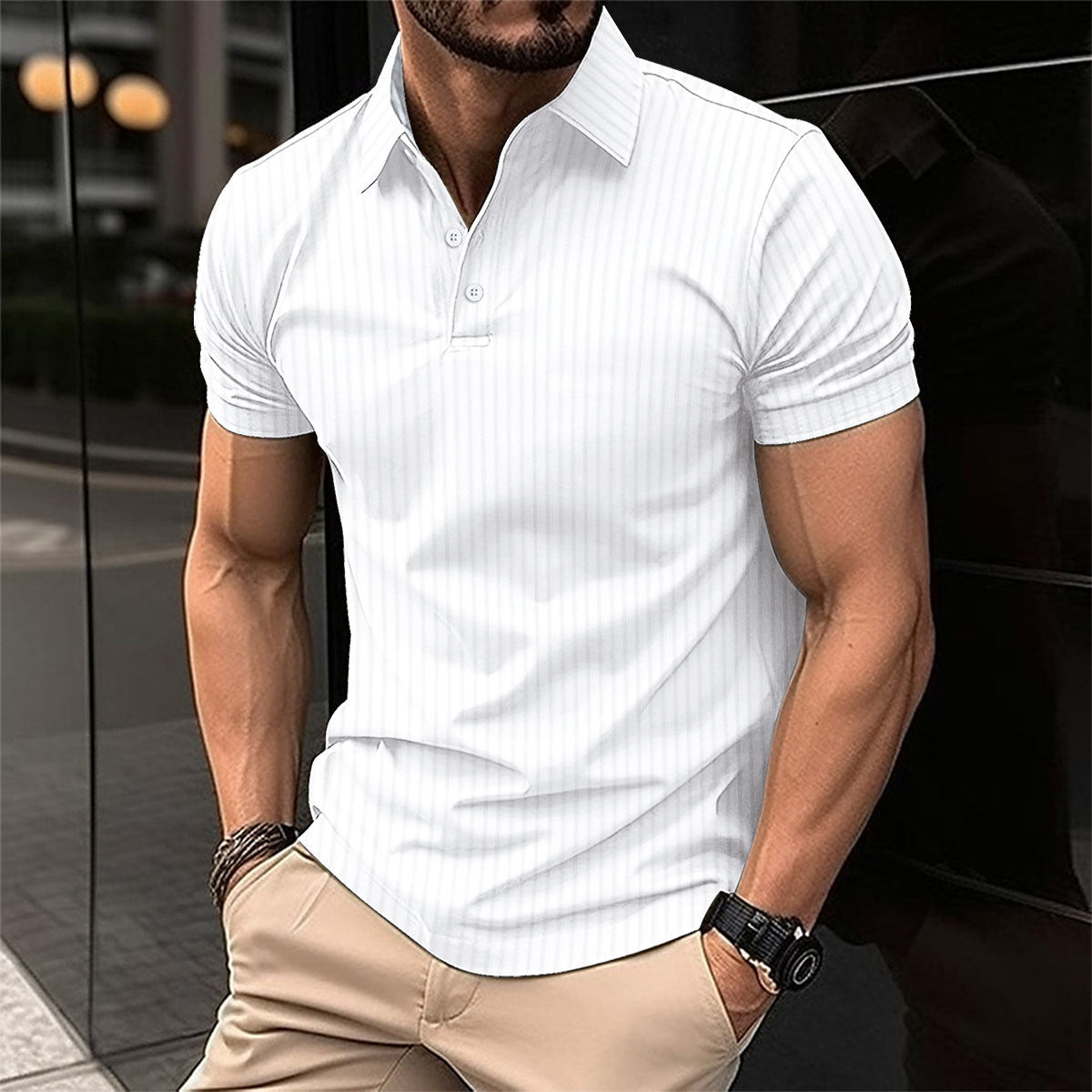 Elastic Vertical Short-sleeved Polo Shirt