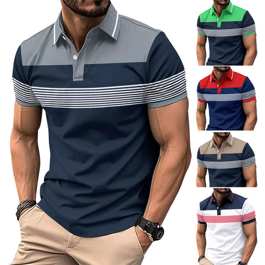 Men's Casual V-neck Button Business Striped All-matching Polot Shirt