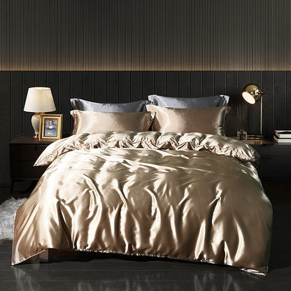 Luxury High End Satin  Bedding Set With Flat Sheet Duvet Cover