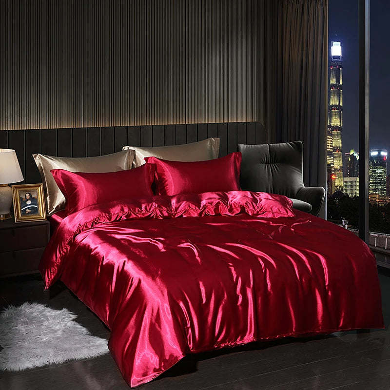 Luxury High End Satin  Bedding Set With Flat Sheet Duvet Cover