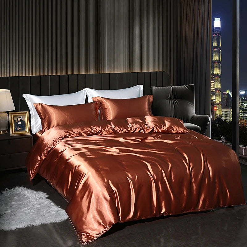 Luxury High End Satin  Bedding Set With Flat Sheet Duvet Cover