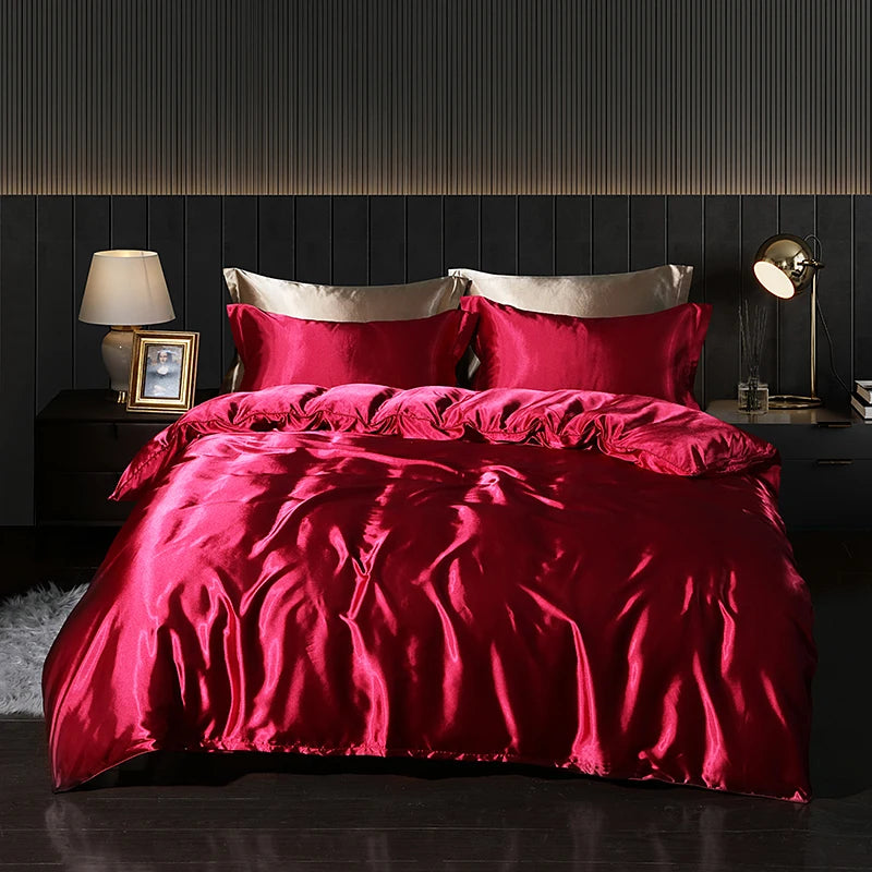 Luxury High End Satin  Bedding Set With Flat Sheet Duvet Cover