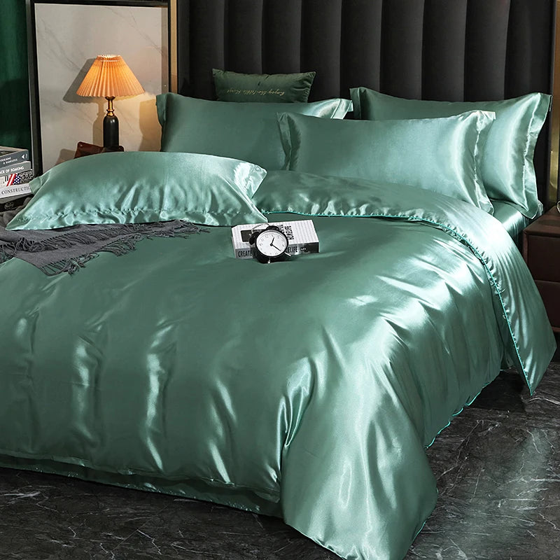 Luxury High End Satin  Bedding Set With Flat Sheet Duvet Cover