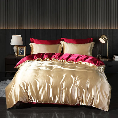 Luxury High End Satin  Bedding Set With Flat Sheet Duvet Cover