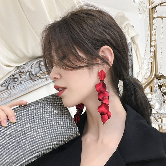 Long Rose Petal Fringed Fashionable Earrings