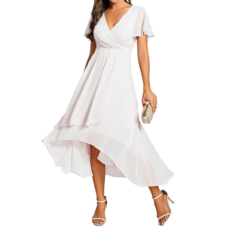 Women's Solid Color And V-neck Ruffled Short Sleeves Chiffon Dress