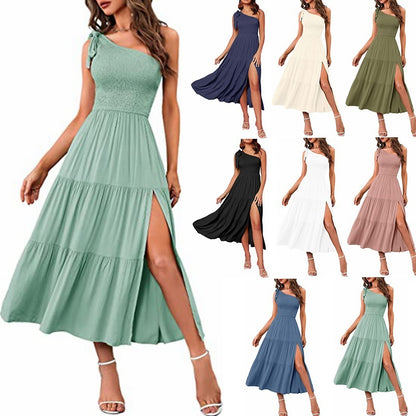 New Summer Fashion Women's One-shoulder Pleated Layered Hem Split Dress