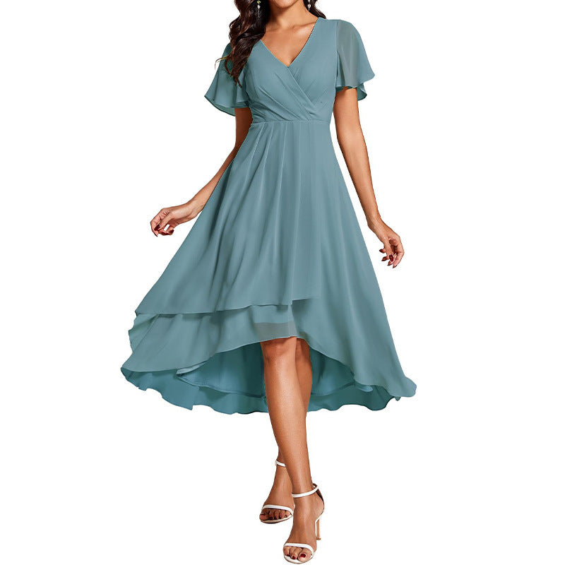 Women's Solid Color And V-neck Ruffled Short Sleeves Chiffon Dress